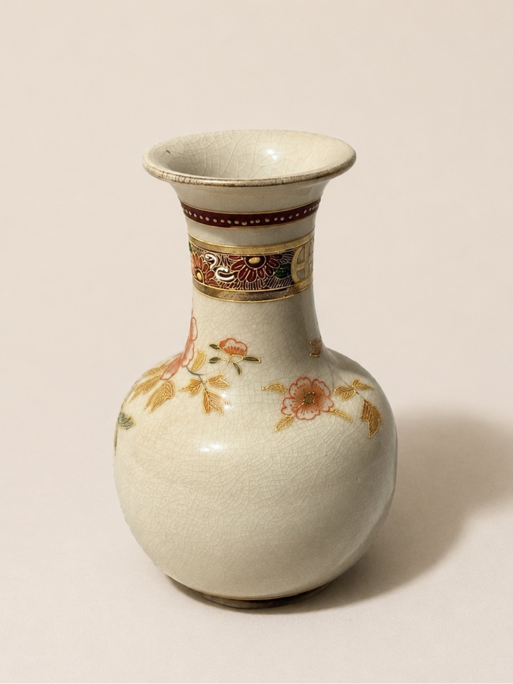 Vintage Satsuma Japan Vase Hand Painted Flowers Bird Moriage 8.25" Crackle Glaze - Picture 2 of 7